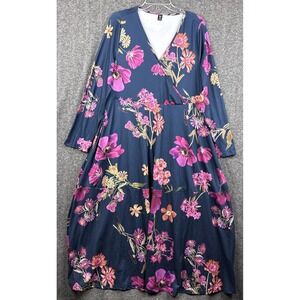 SHEIN Curve Dress 1XL Plus Blue Pink Floral Wrap Surplice Long Sleeve V-Neck